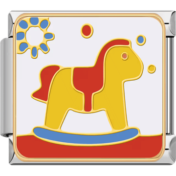 Colorful yellow and red rocking horse with a blue base and playful carnival details on a silver Italian charm.